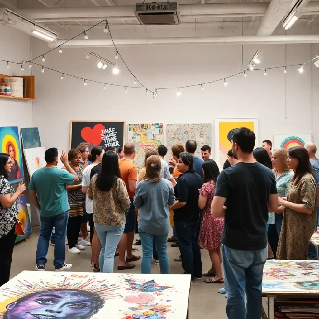 Celebration at Trackside Studios with artists and artworks