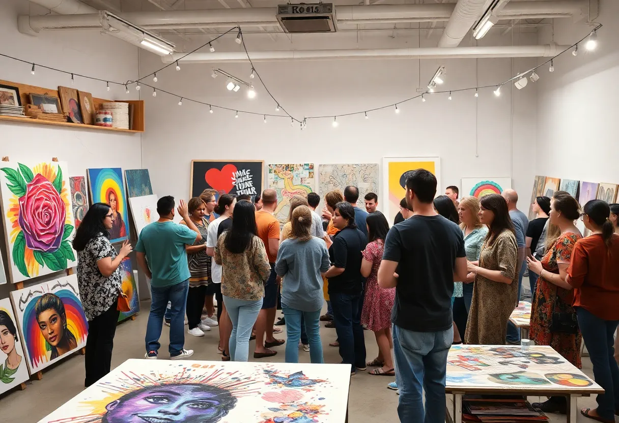 Celebration at Trackside Studios with artists and artworks