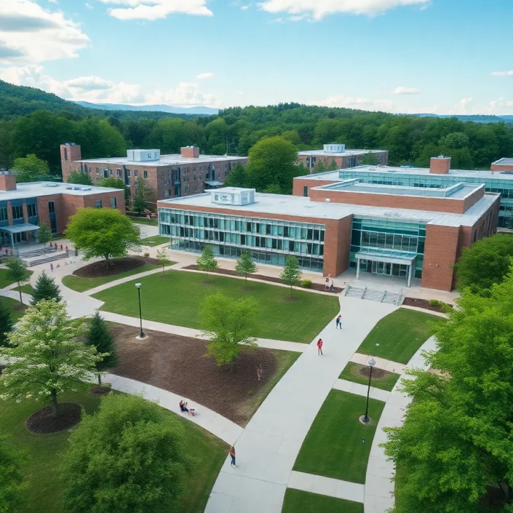 Aerial view of UNC Asheville campus with students outdoors