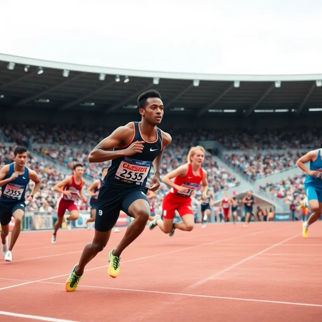 Track and field athletes from UNC Asheville in competition at a meet