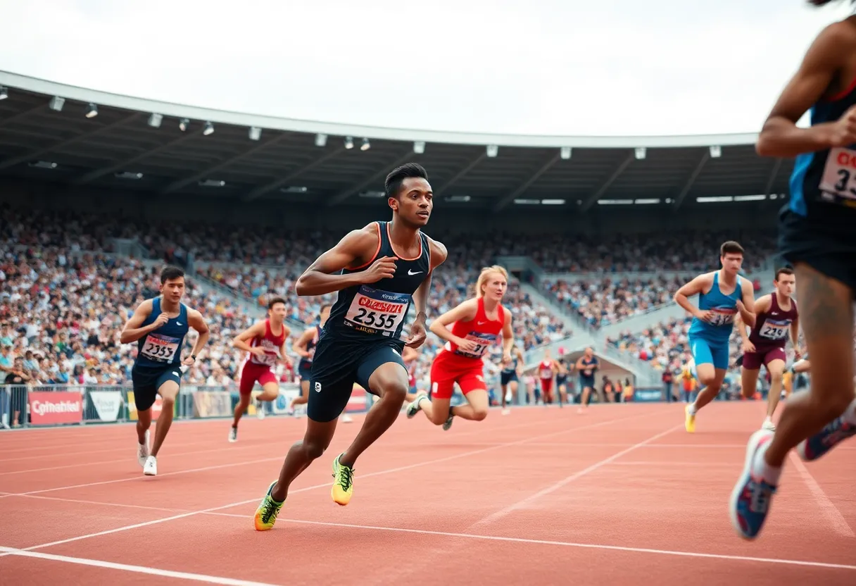 Track and field athletes from UNC Asheville in competition at a meet