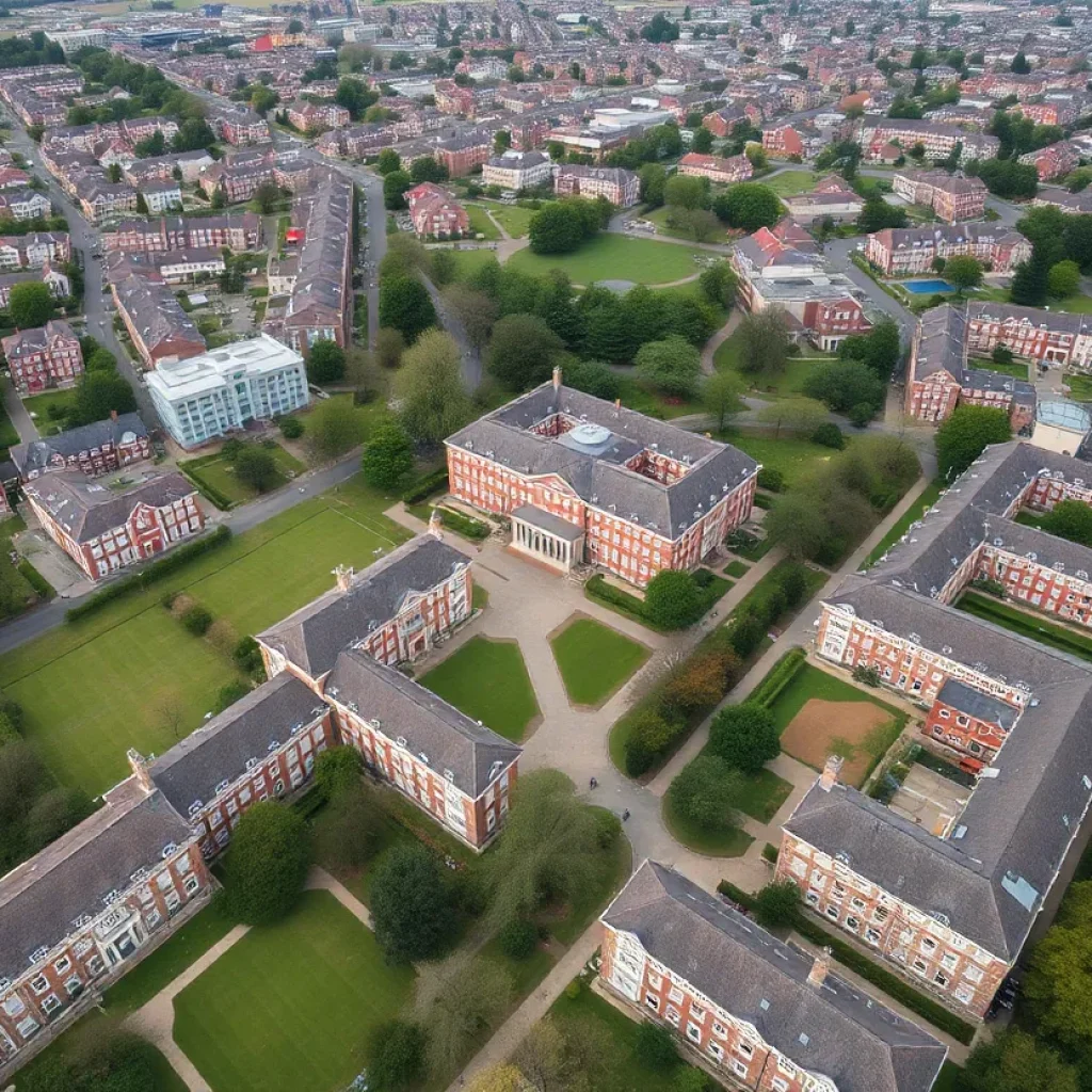 Aerial view of the University of North Carolina at Asheville campus with dormitories and nearby housing.