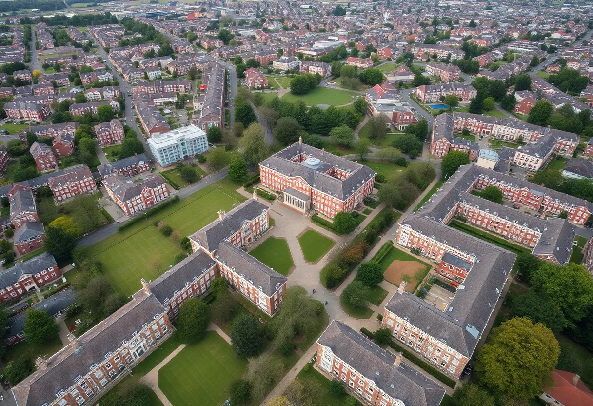 Aerial view of the University of North Carolina at Asheville campus with dormitories and nearby housing.