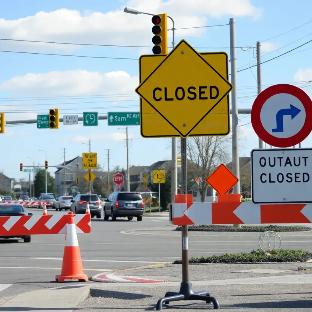 Intersection with road closure signs and construction barriers.