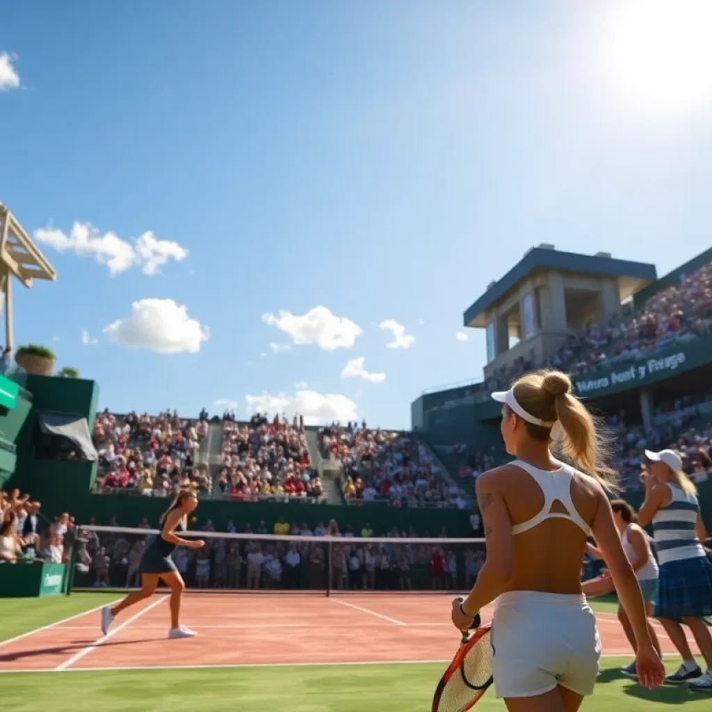 Exciting scene from a women's tennis match showcasing players and enthusiastic fans.