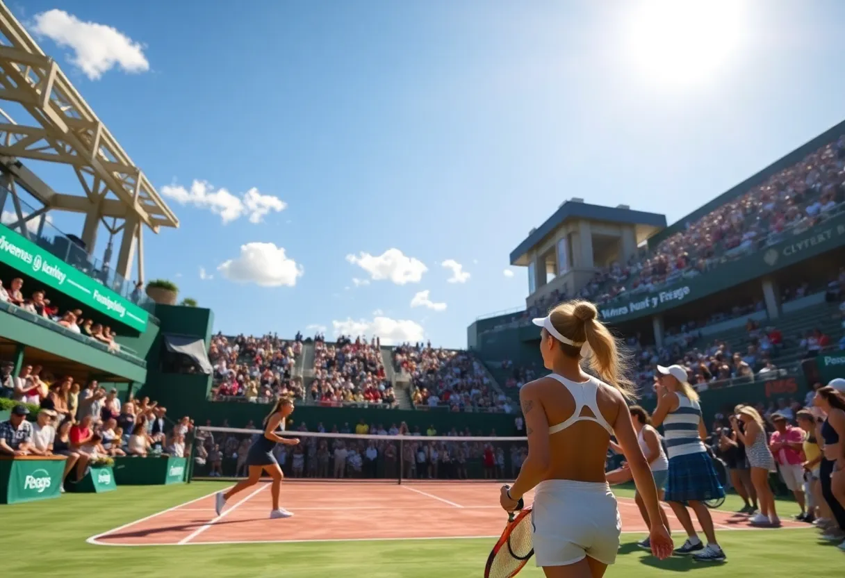 Exciting scene from a women's tennis match showcasing players and enthusiastic fans.