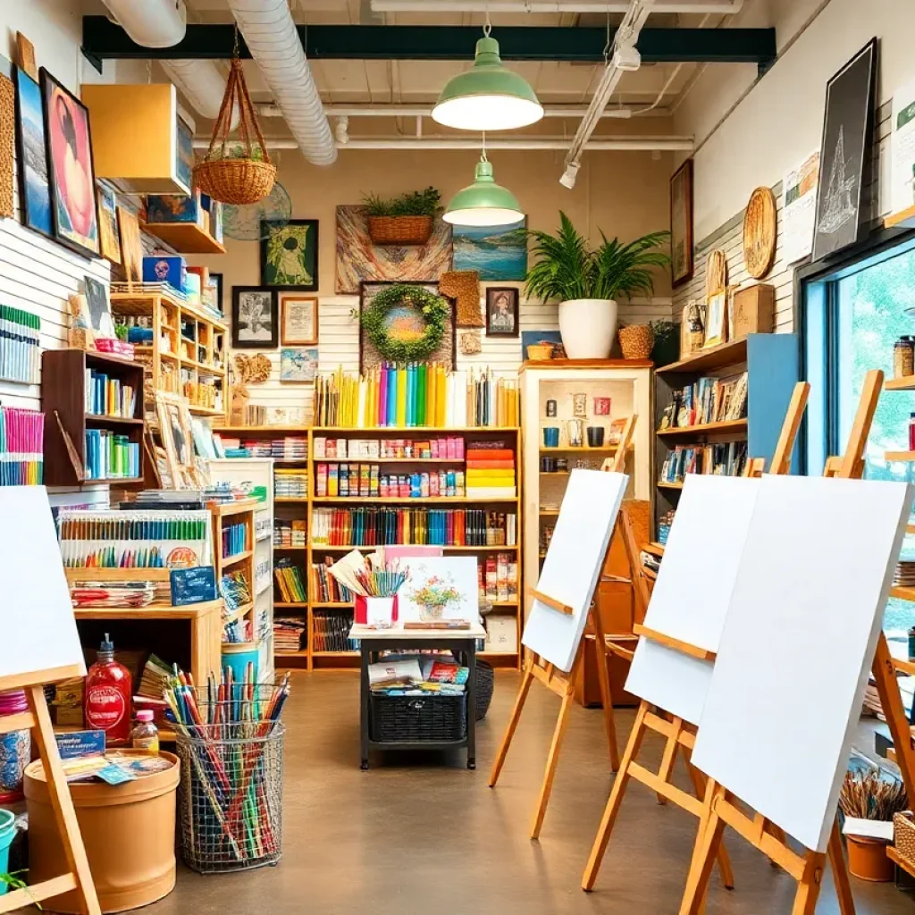 Interior of Asheville Art Supply showcasing art supplies and easels