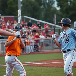 Players in action during a high school baseball playoff game