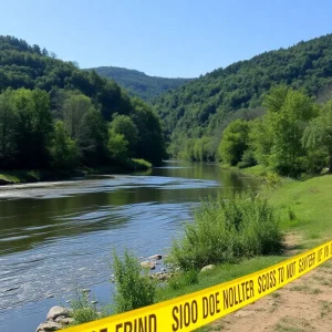 Investigation scene along the French Broad River with responders present