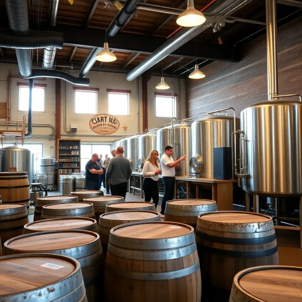 A bustling craft brewery in Asheville with patrons enjoying local beers.