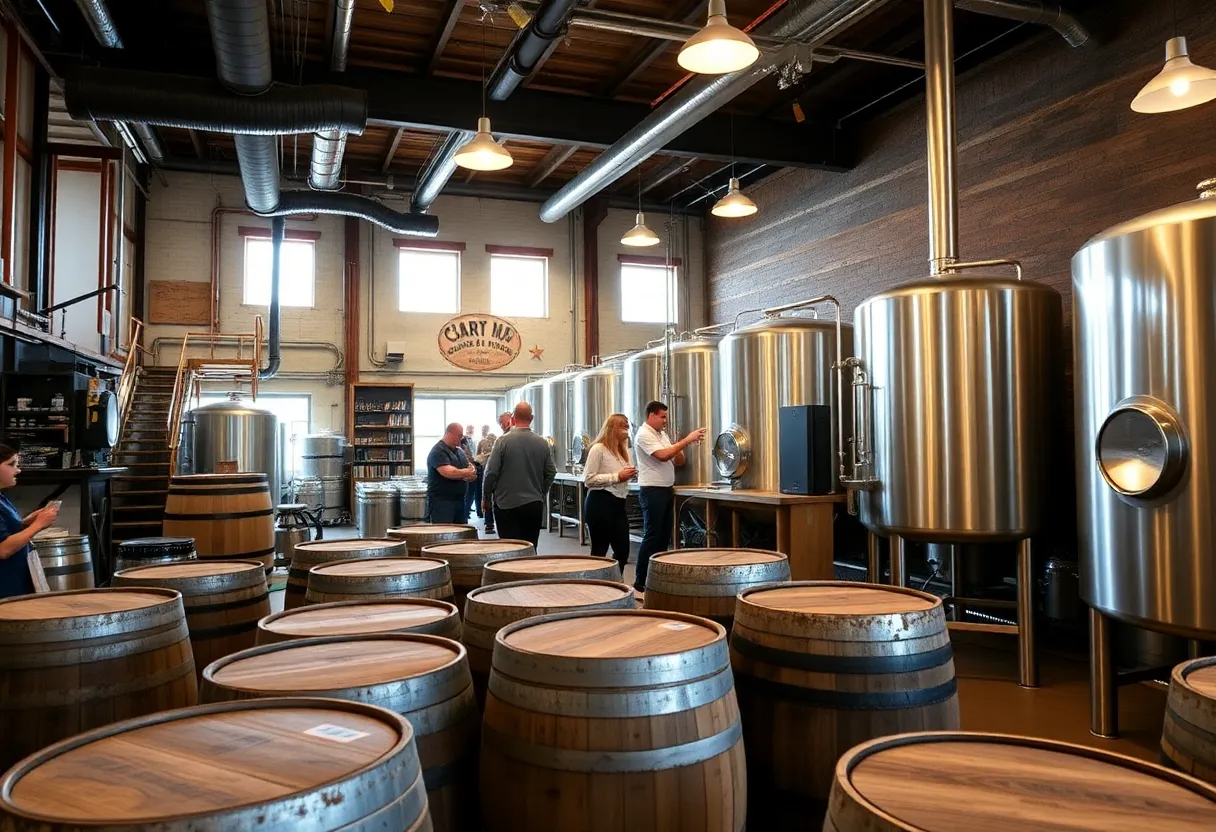A bustling craft brewery in Asheville with patrons enjoying local beers.