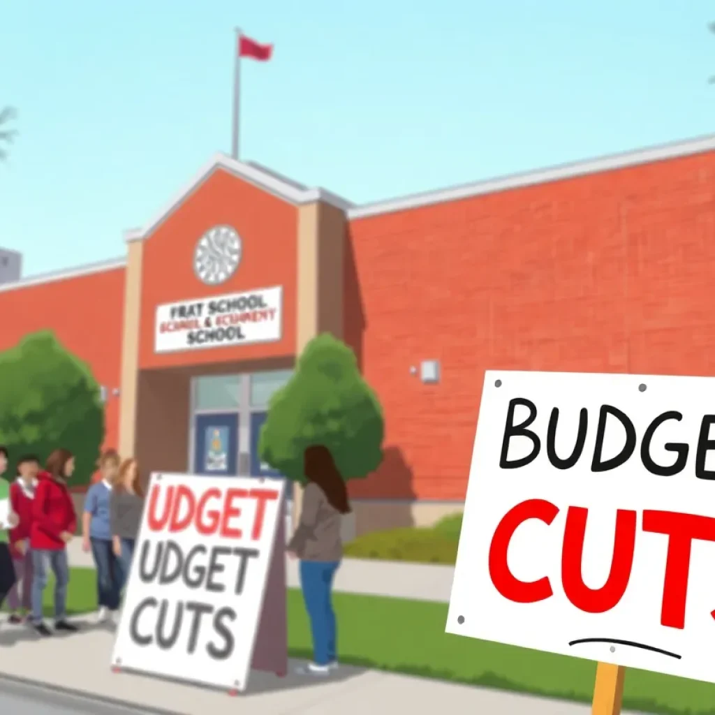 A community gathering outside Asheville City Schools with a sign indicating budget cuts.