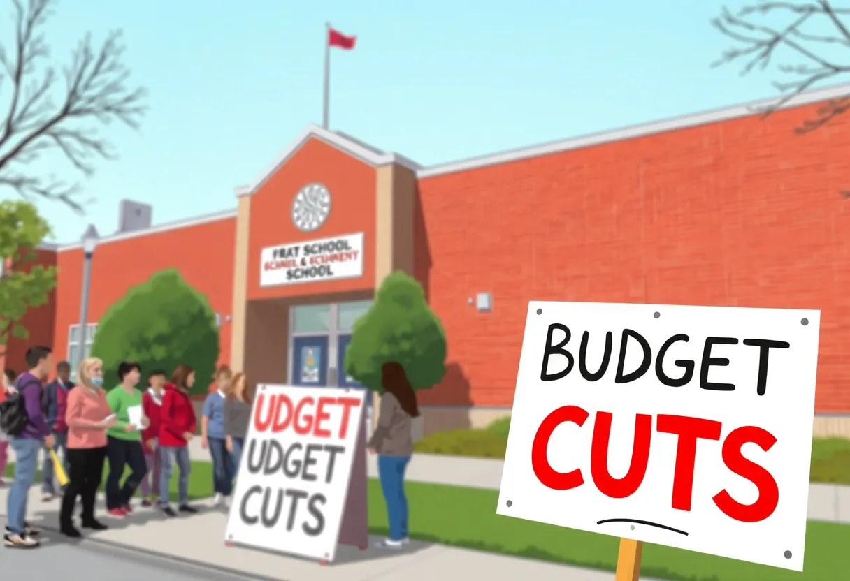 A community gathering outside Asheville City Schools with a sign indicating budget cuts.