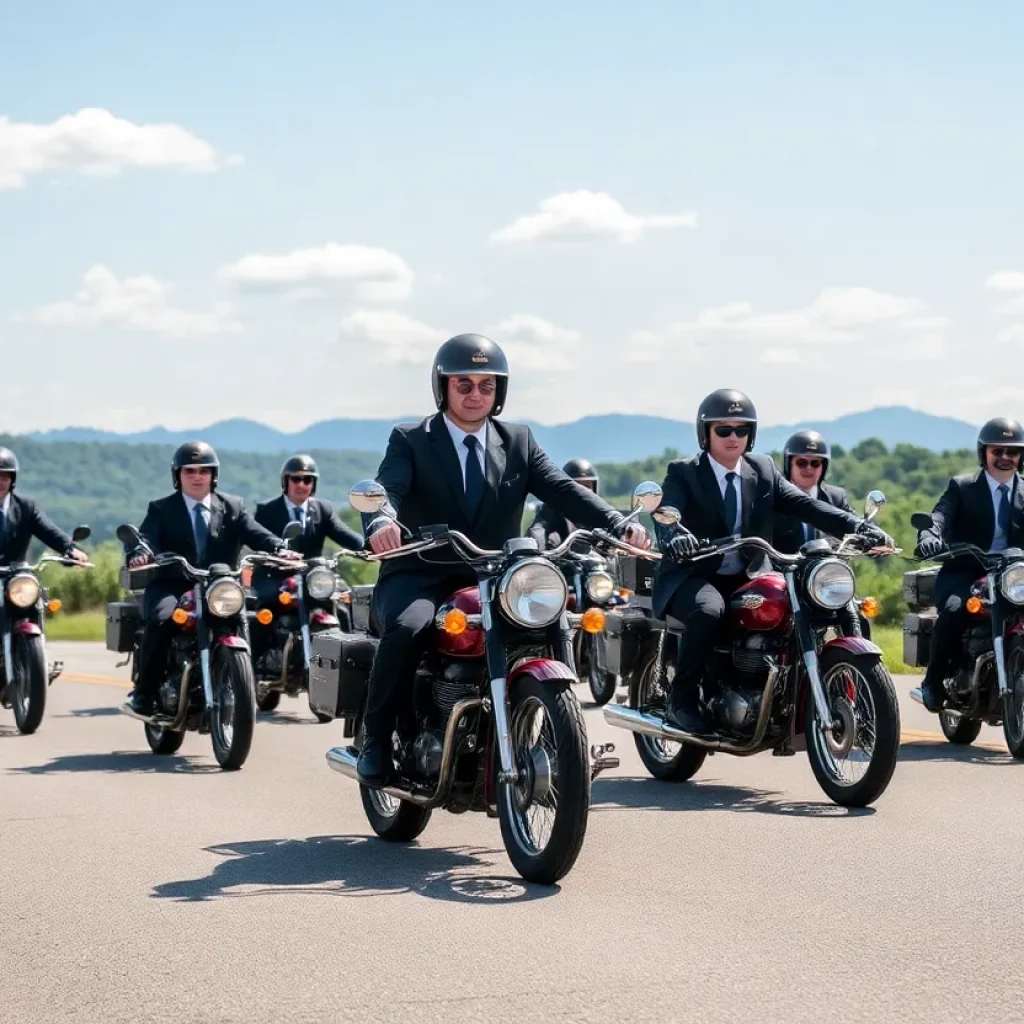 Motorcyclists dressed in formal attire participating in the Distinguished Gentleman's Ride in Asheville.