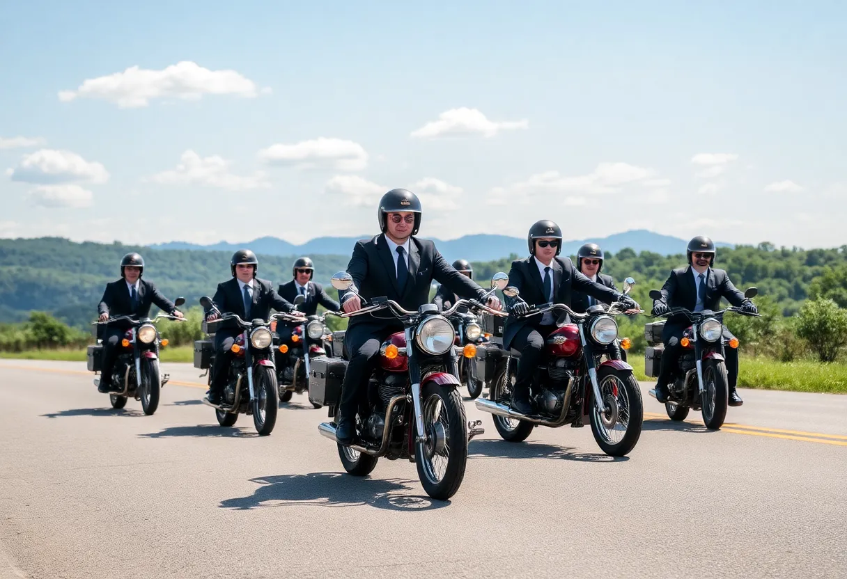 Motorcyclists dressed in formal attire participating in the Distinguished Gentleman's Ride in Asheville.