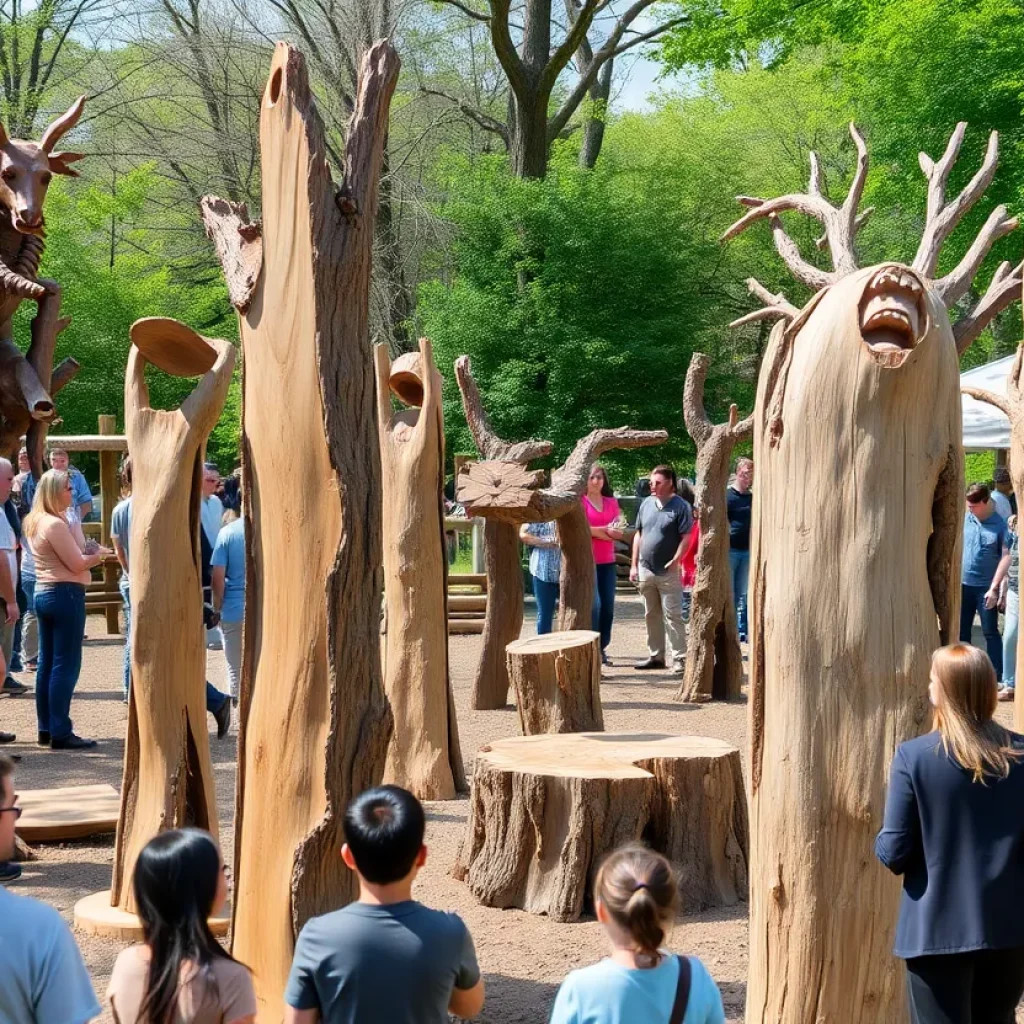 Art installation in Asheville featuring sculptures from salvaged trees.