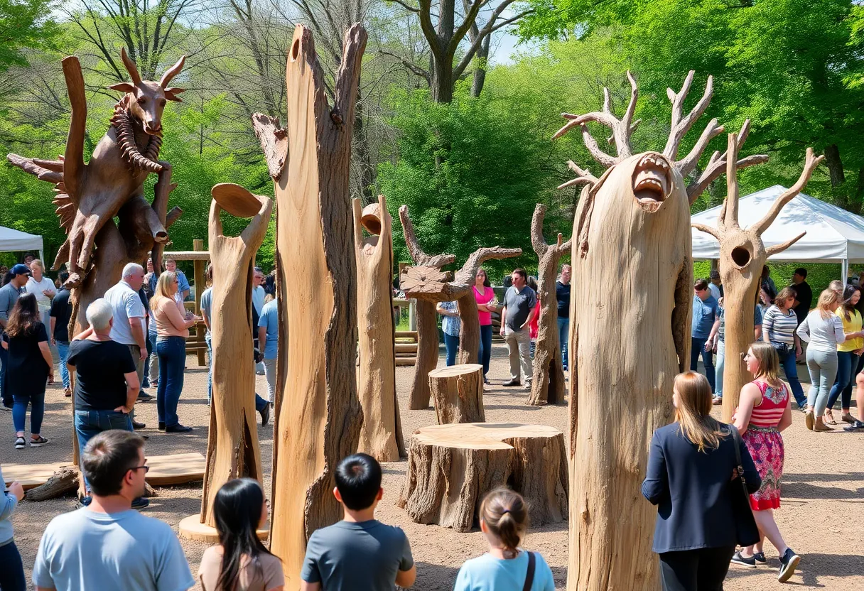 Art installation in Asheville featuring sculptures from salvaged trees.