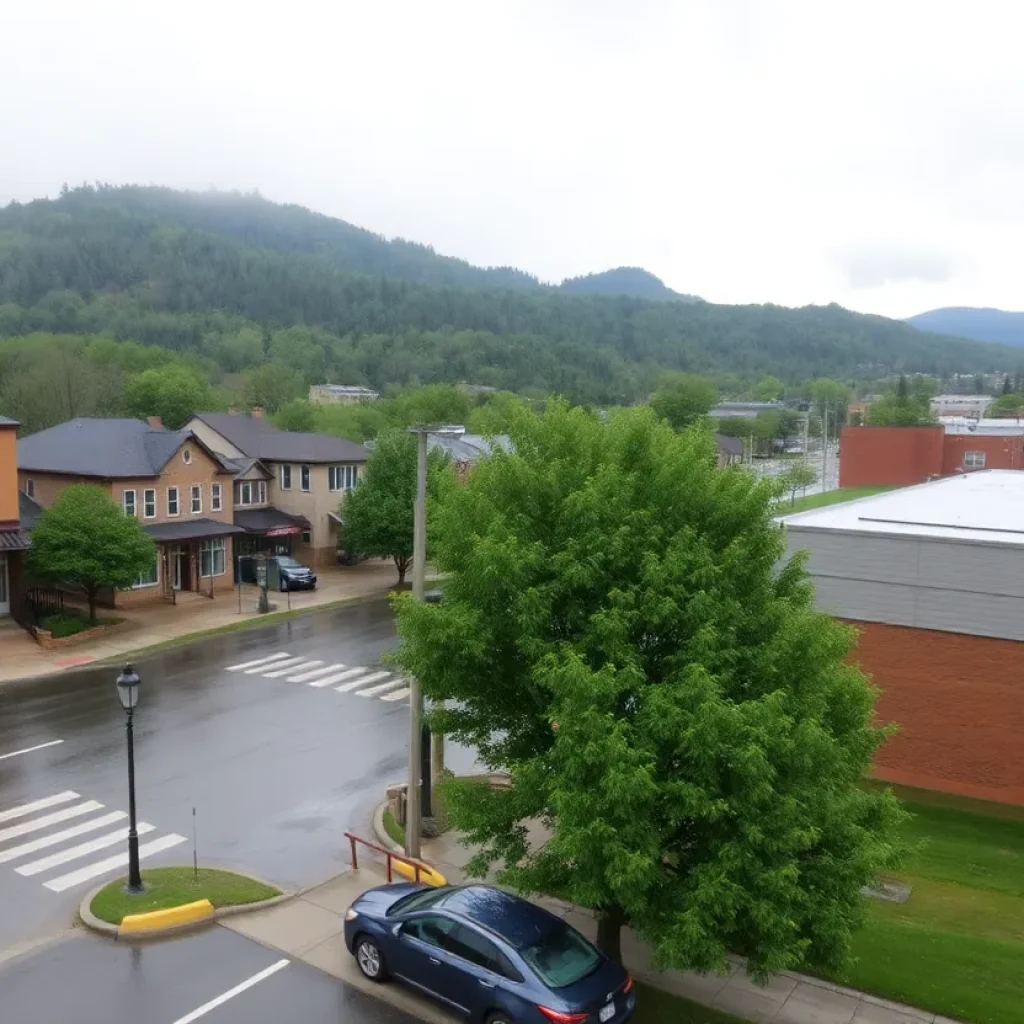 Flooded street in Asheville during heavy rain
