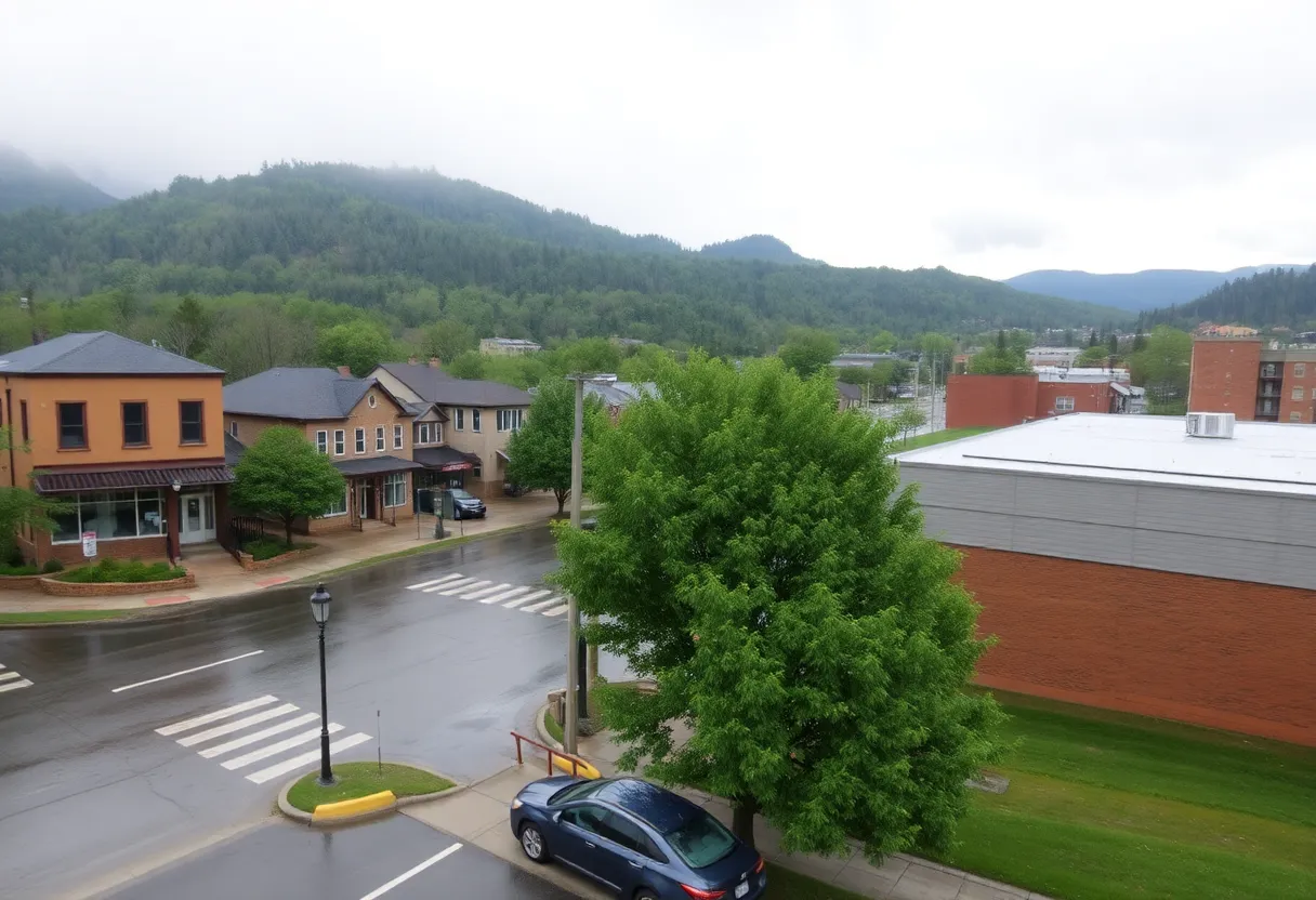 Flooded street in Asheville during heavy rain