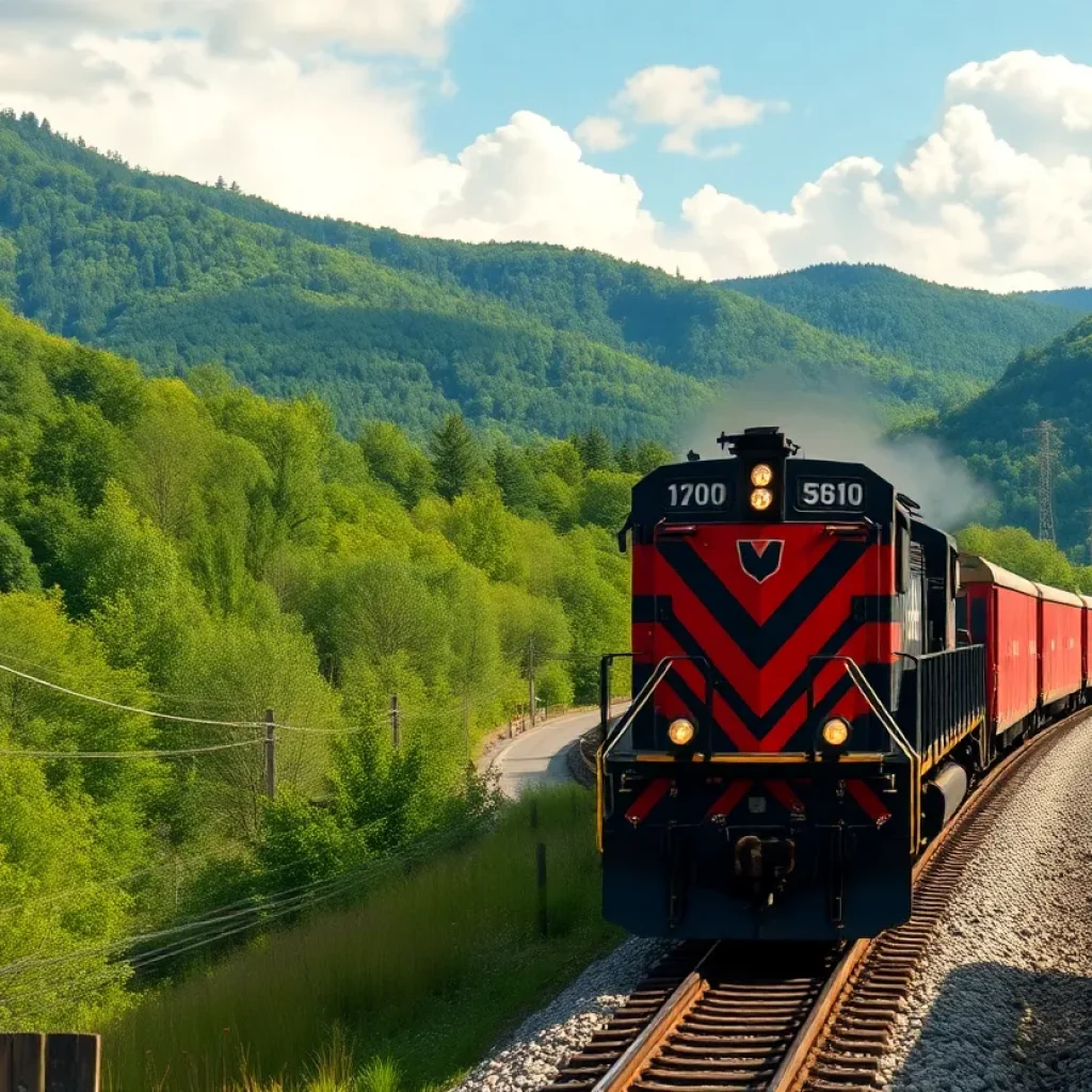 Freight train running through Asheville mountains