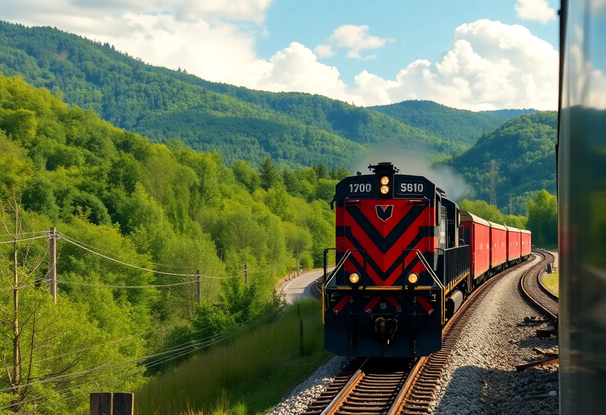 Freight train running through Asheville mountains