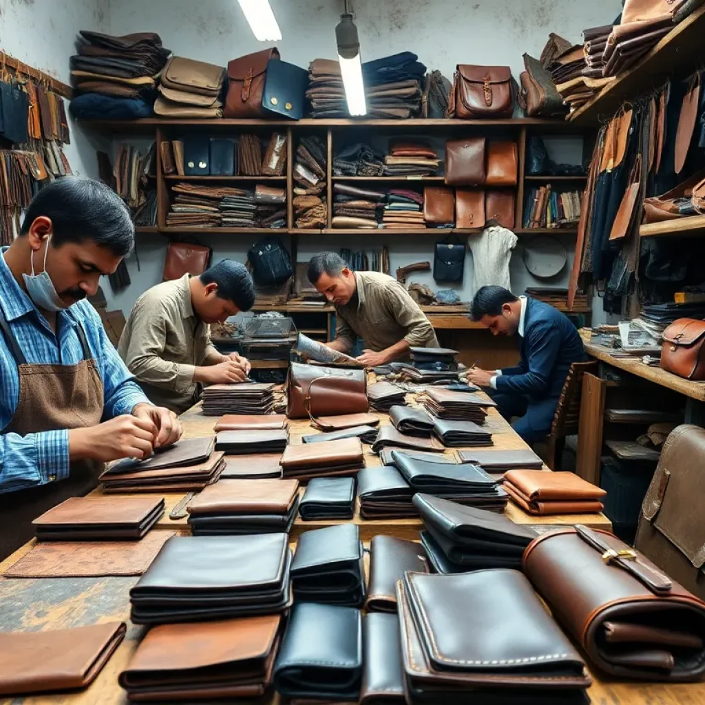 Artisans crafting leather goods in a workshop in Asheville.