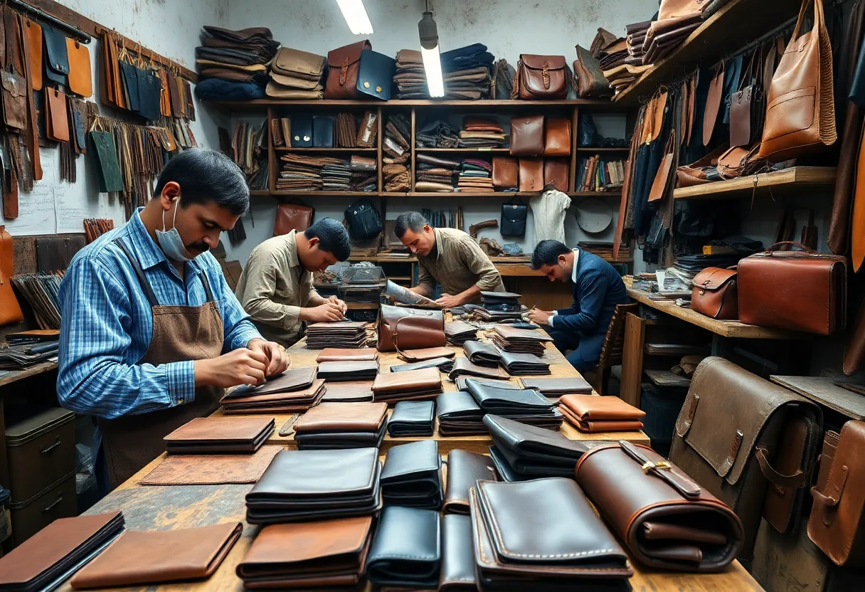 Artisans crafting leather goods in a workshop in Asheville.