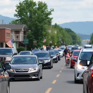 Vehicles on a busy road in Asheville during Memorial Day weekend