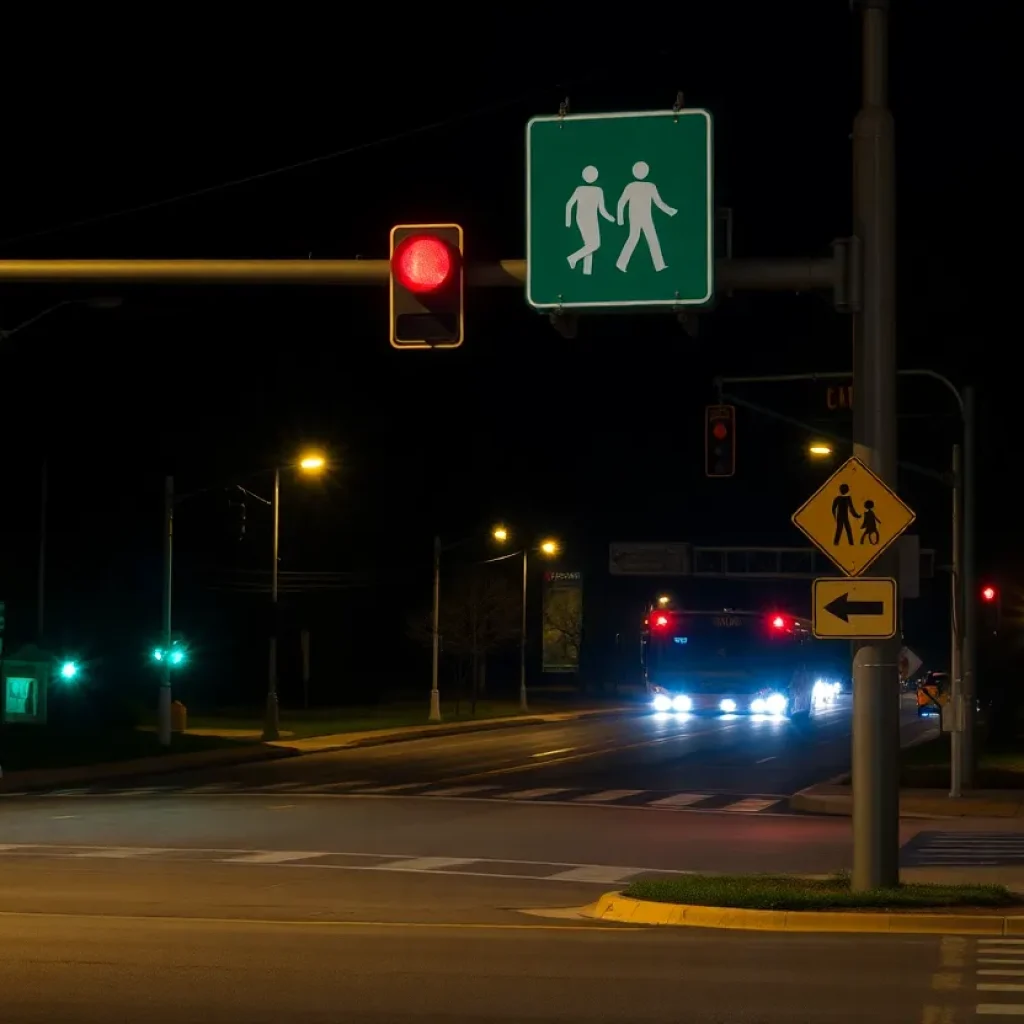 Quiet Asheville street scene showing road signs related to pedestrian safety.