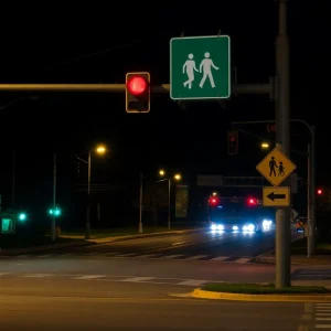 Quiet Asheville street scene showing road signs related to pedestrian safety.