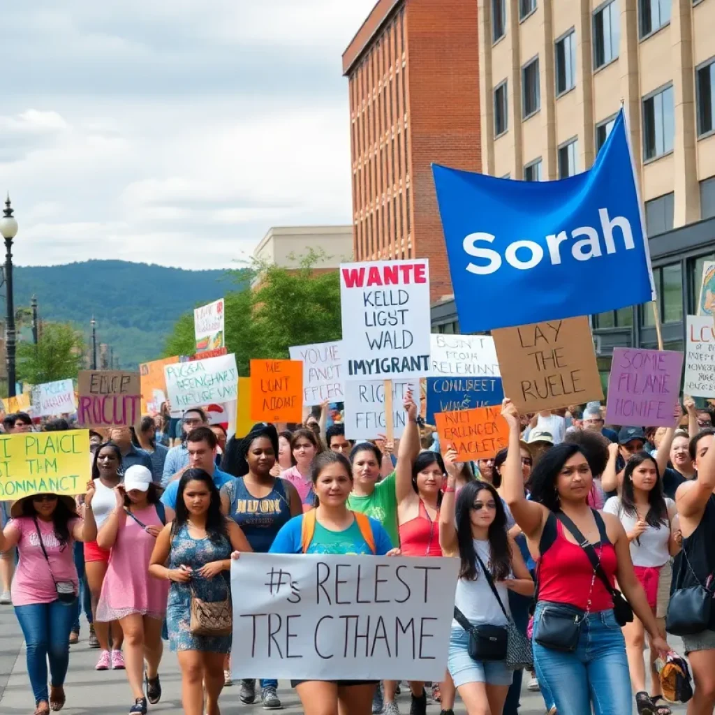 Protesters marching in downtown Asheville with signs