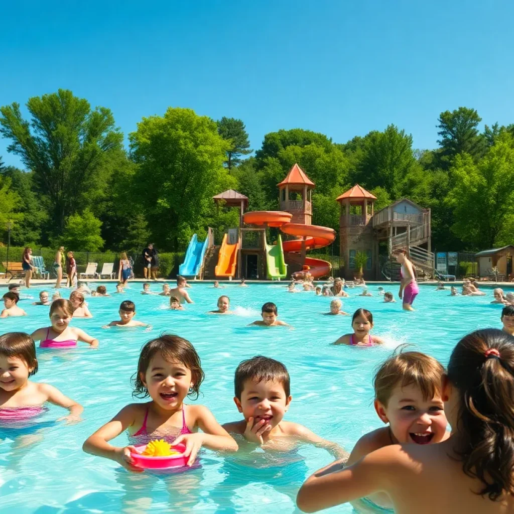 Families enjoying swimming at an Asheville public pool