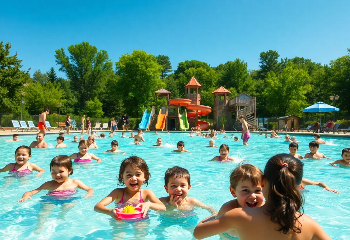 Families enjoying swimming at an Asheville public pool