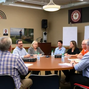 People gathered for a community meeting about public radio funding in Asheville