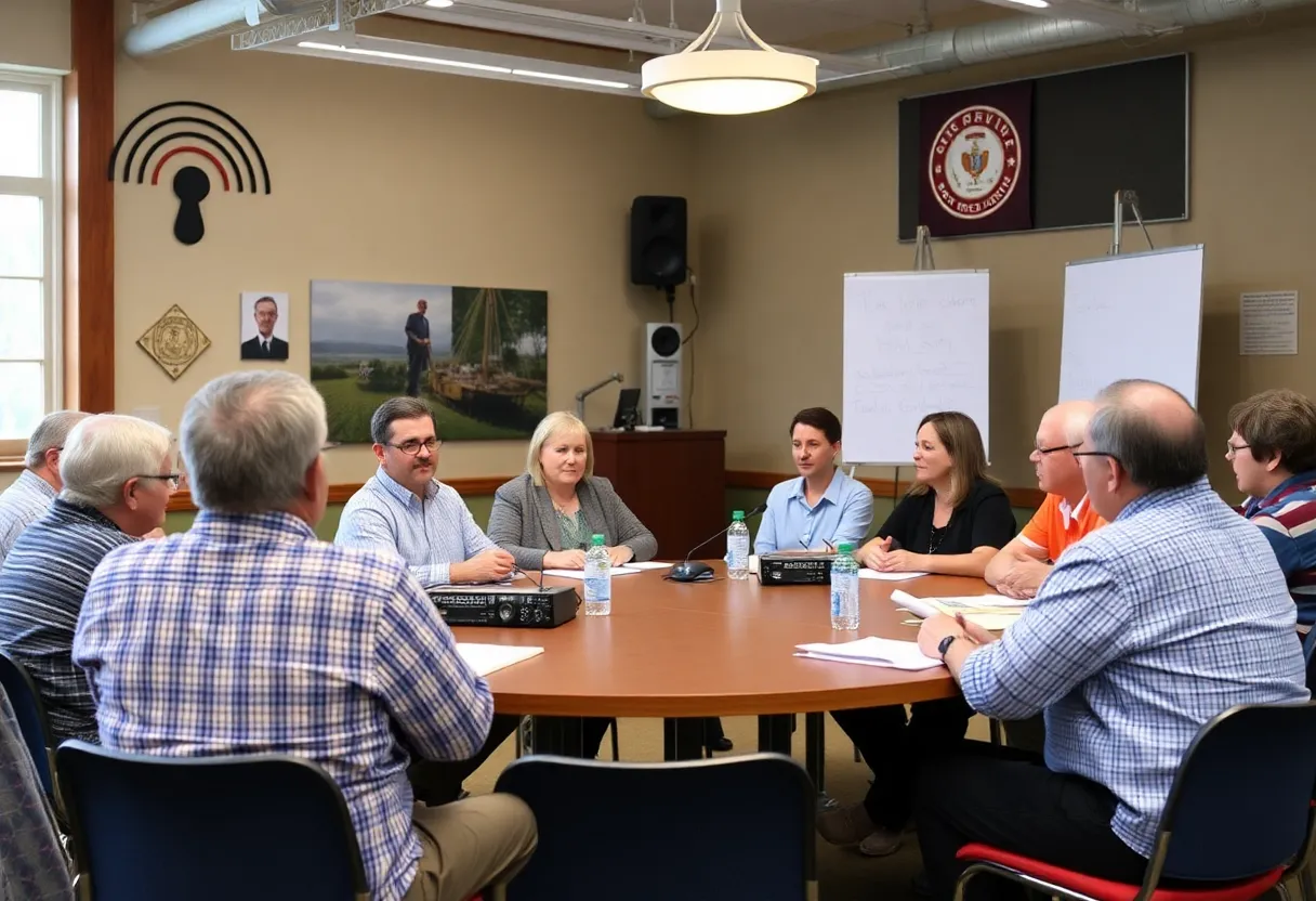 People gathered for a community meeting about public radio funding in Asheville