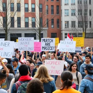 Community members participating in a rally in Asheville for workers' rights.