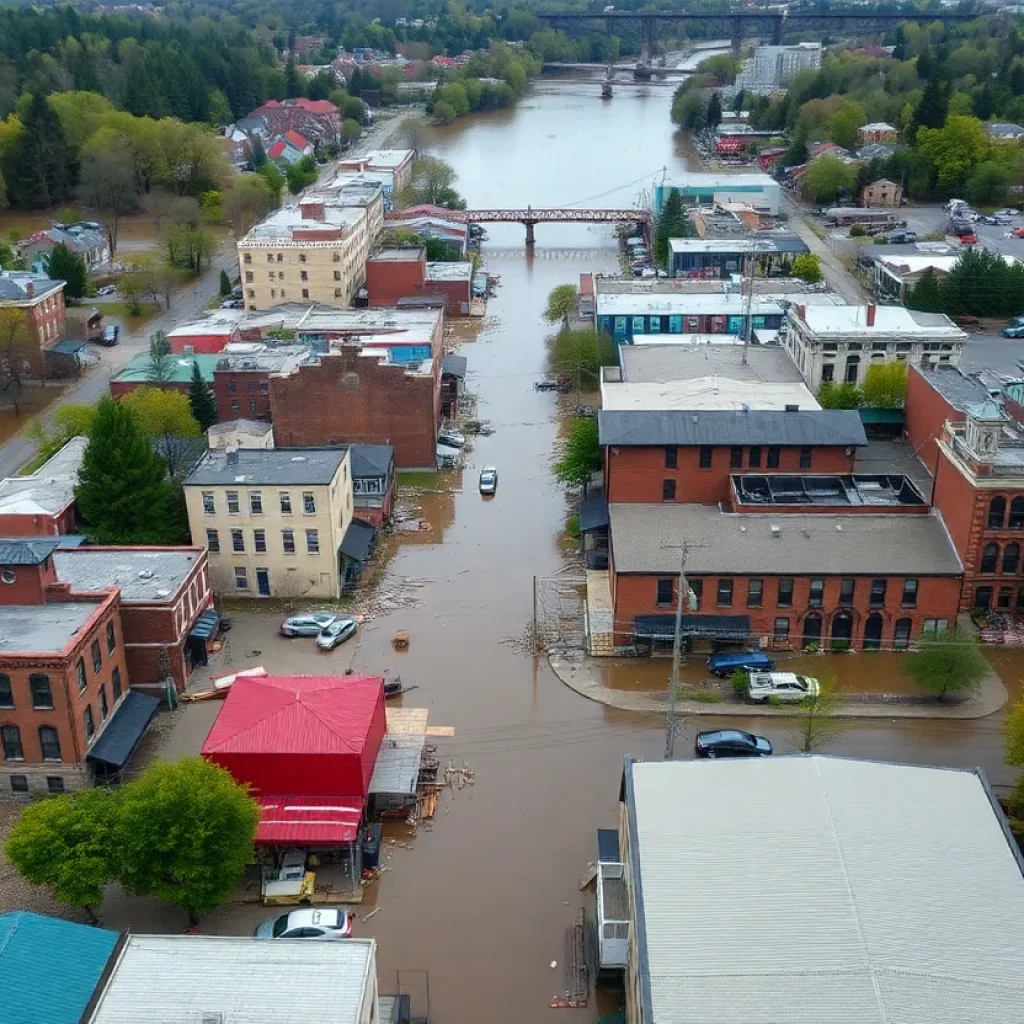 Aerial view of Asheville's River Arts District after Hurricane Helene with ongoing recovery efforts.