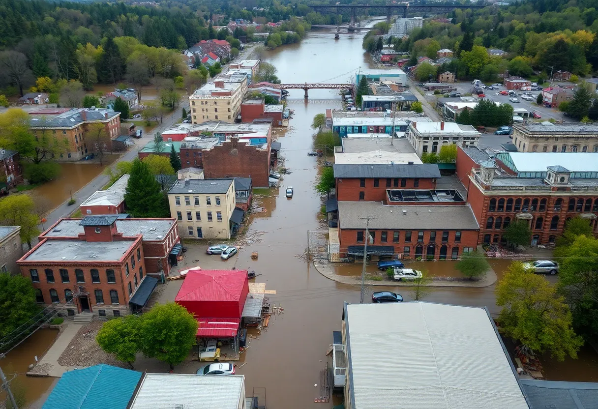 Aerial view of Asheville's River Arts District after Hurricane Helene with ongoing recovery efforts.