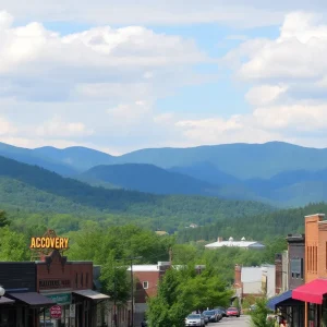 Scenic view of Asheville mountains with local businesses, symbolizing recovery after Hurricane Helene.