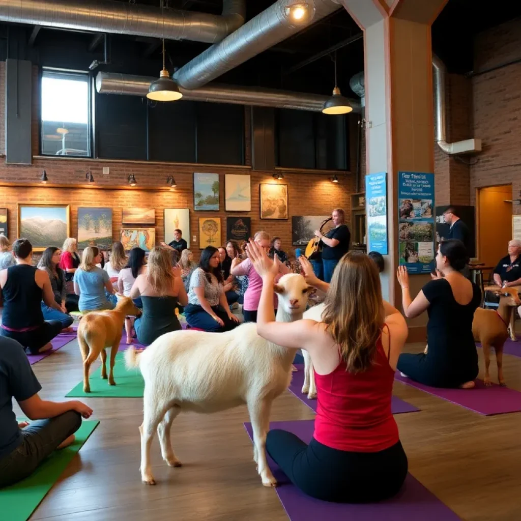 Participants engaging in goat yoga amidst art displays in Asheville's River Arts District