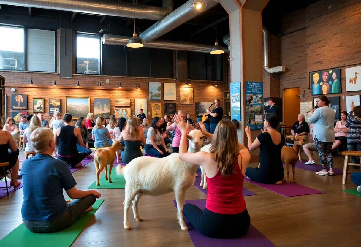 Participants engaging in goat yoga amidst art displays in Asheville's River Arts District