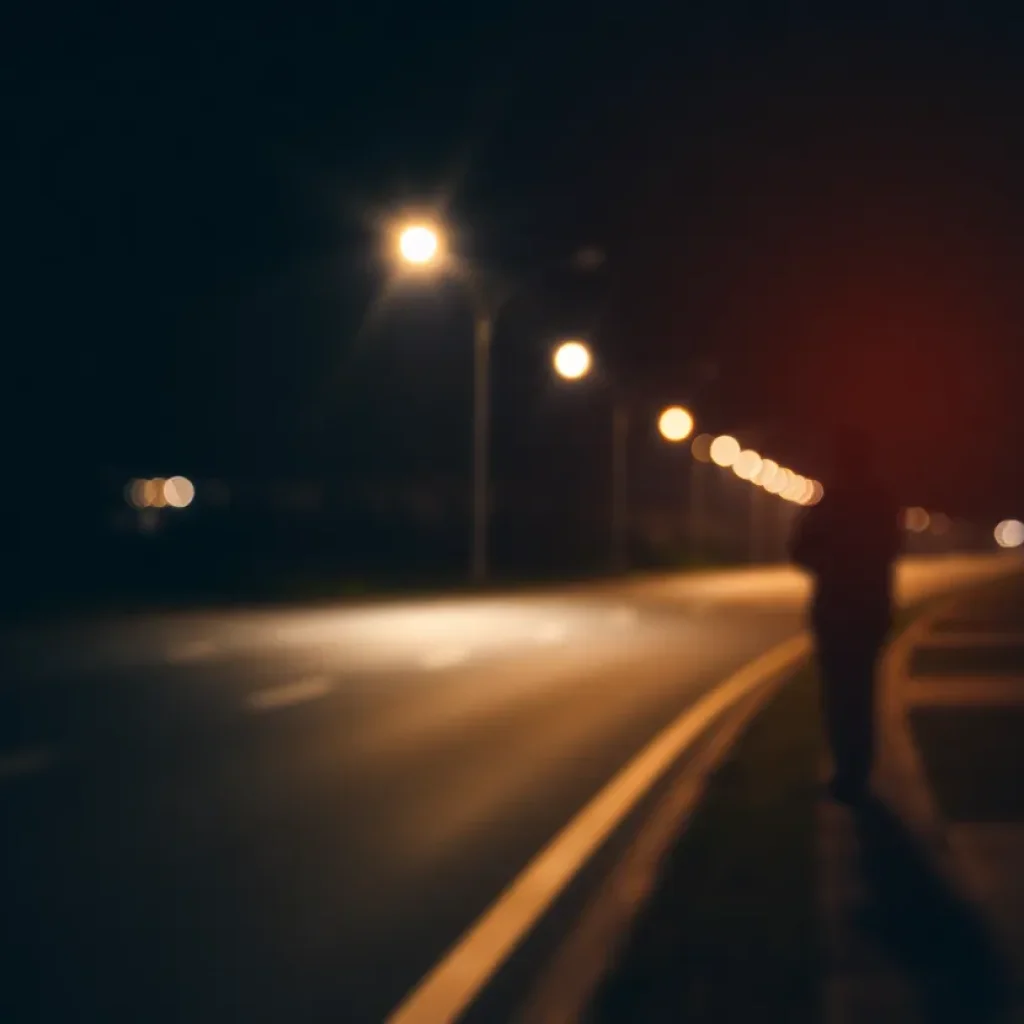 Depiction of a dark road with streetlights showing potential dangers at night.