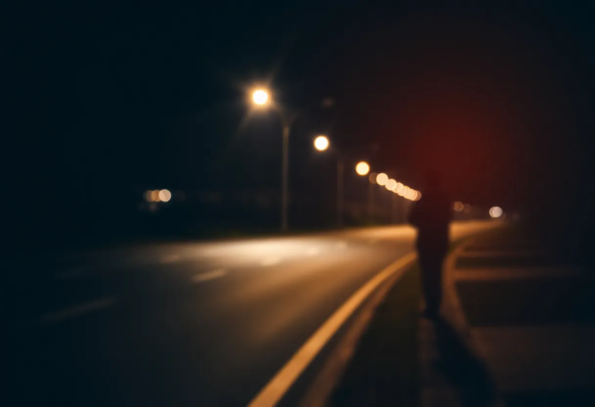 Depiction of a dark road with streetlights showing potential dangers at night.