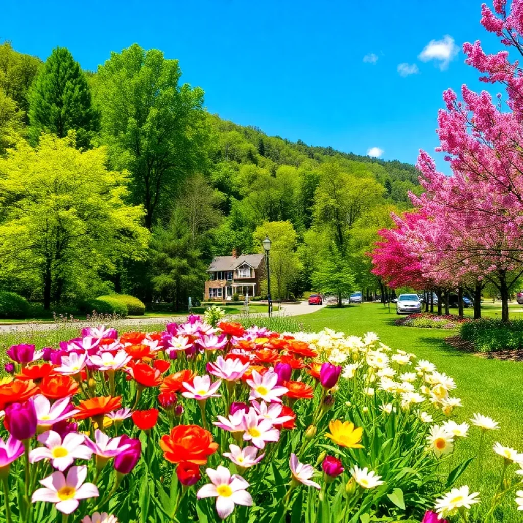Lush spring landscape of Asheville, NC with blooming flowers