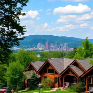 Scenic view of Asheville with unique cabins and vibrant scenery