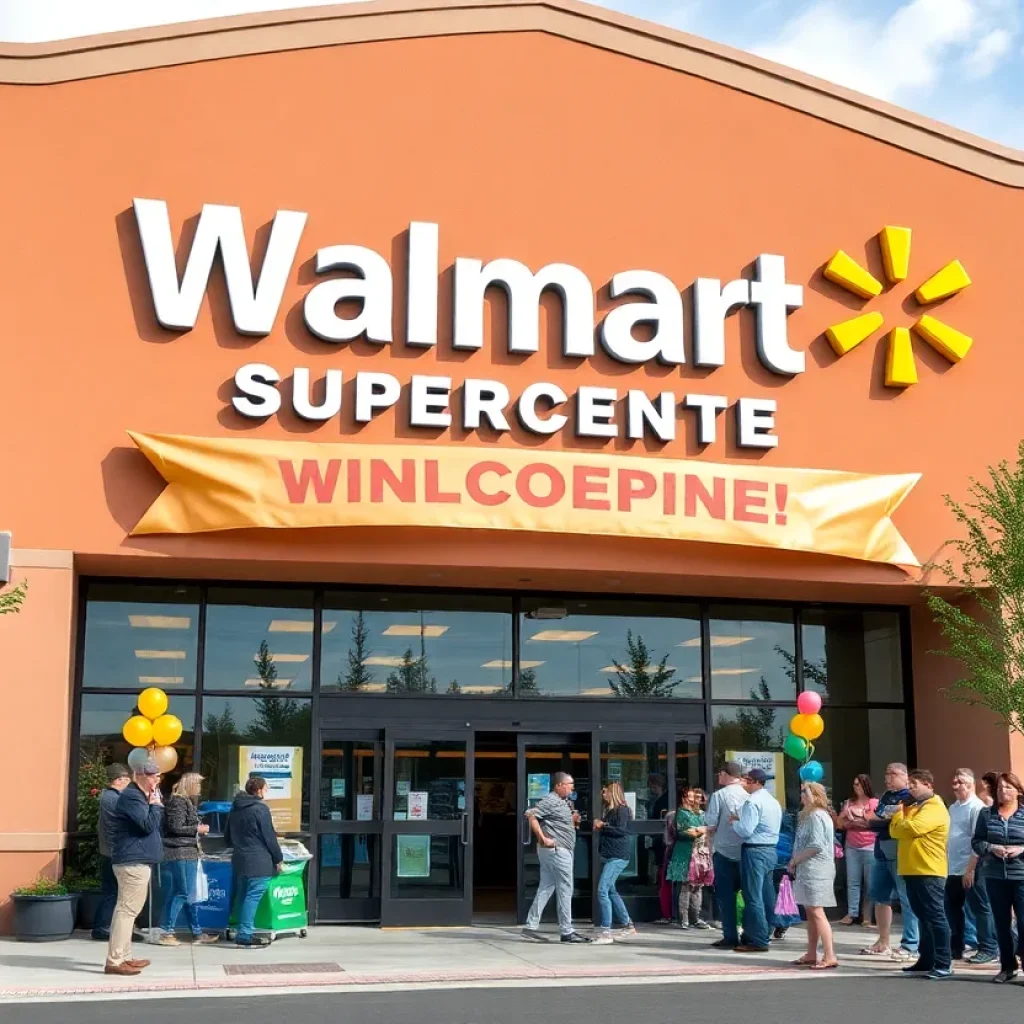 Exterior of Asheville Walmart Supercenter during grand reopening celebration