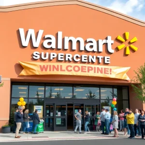 Exterior of Asheville Walmart Supercenter during grand reopening celebration