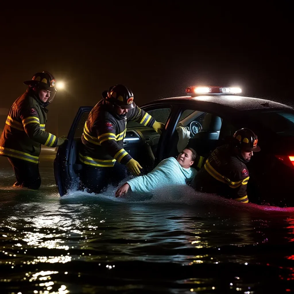 Firefighters performing a rescue of a man trapped in a submerged vehicle