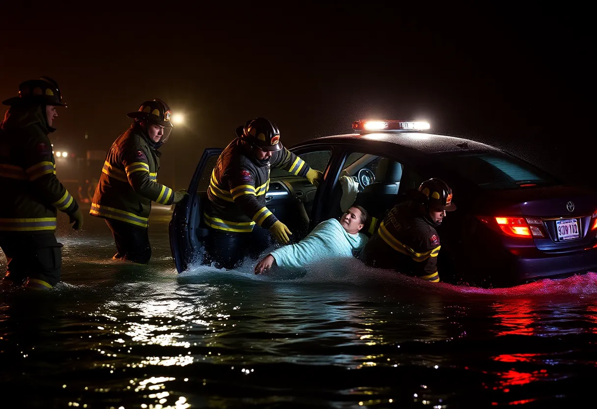 Firefighters performing a rescue of a man trapped in a submerged vehicle