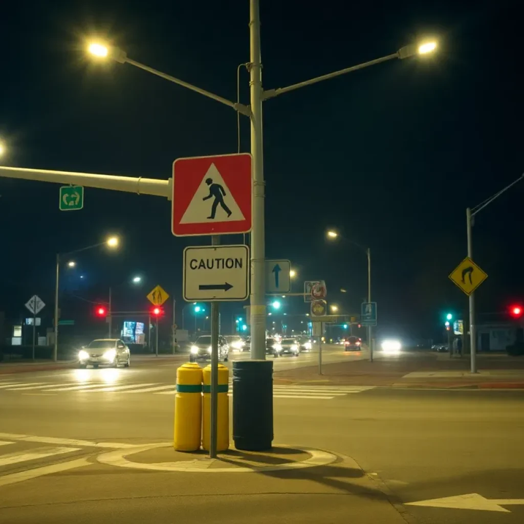 Busy intersection in Asheville at night with caution signs.